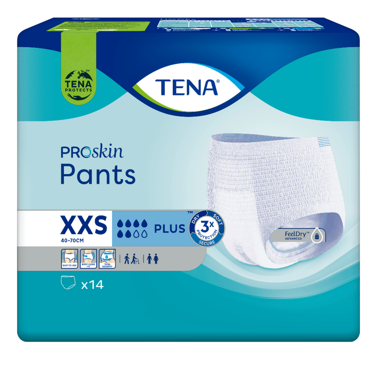 Présentation du produit Tena Pants Plus XXS avec le packaging