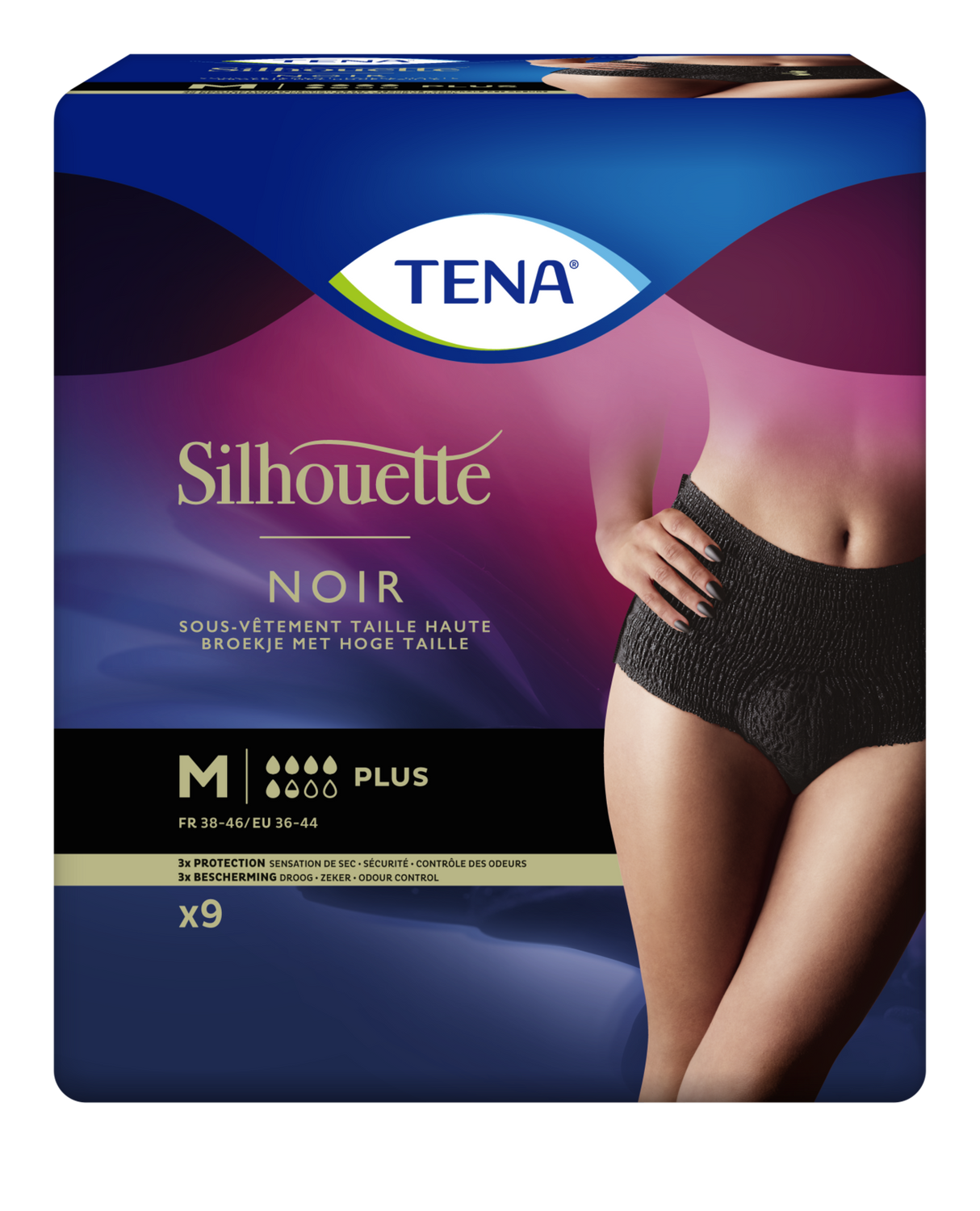 Présentation du produit Tena Silhouette Plus Noir taille haute M avec le packaging