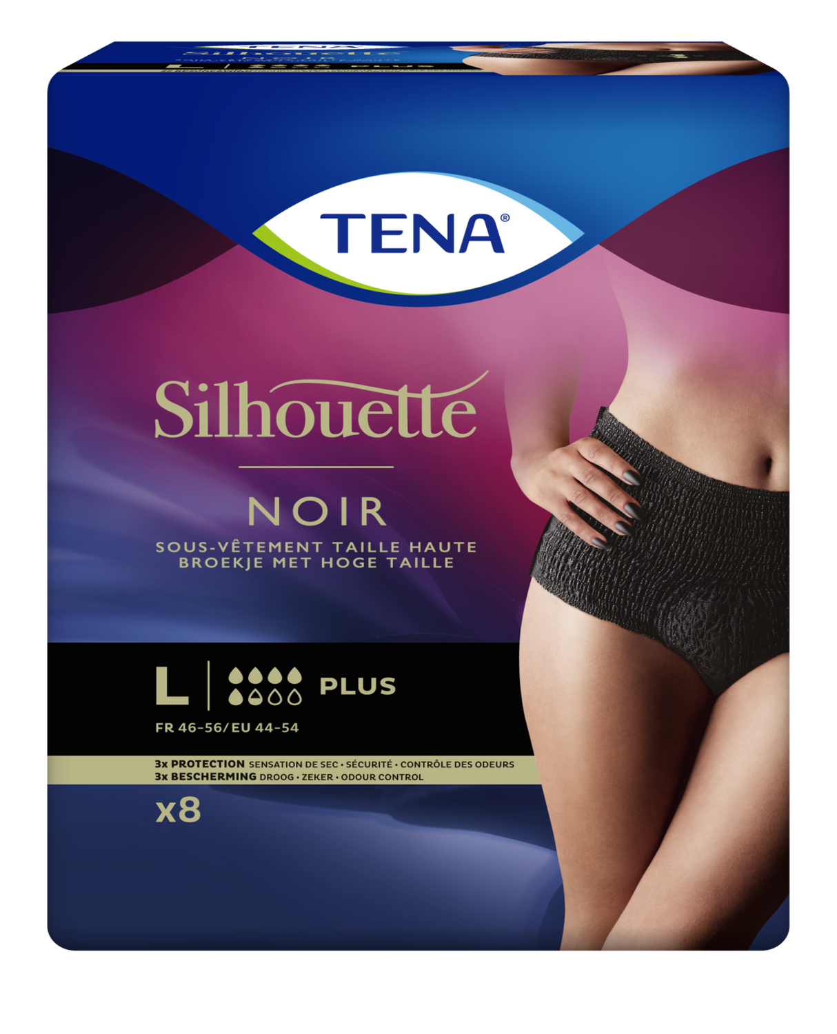 Présentation du produit Tena Silhouette Plus Noir taille haute L avec le packaging