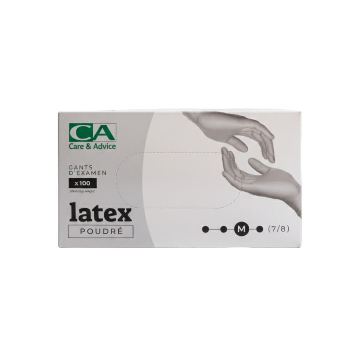 Présentation du produit Gants Latex poudrés CA Médium (taille 7/8) avec le packaging