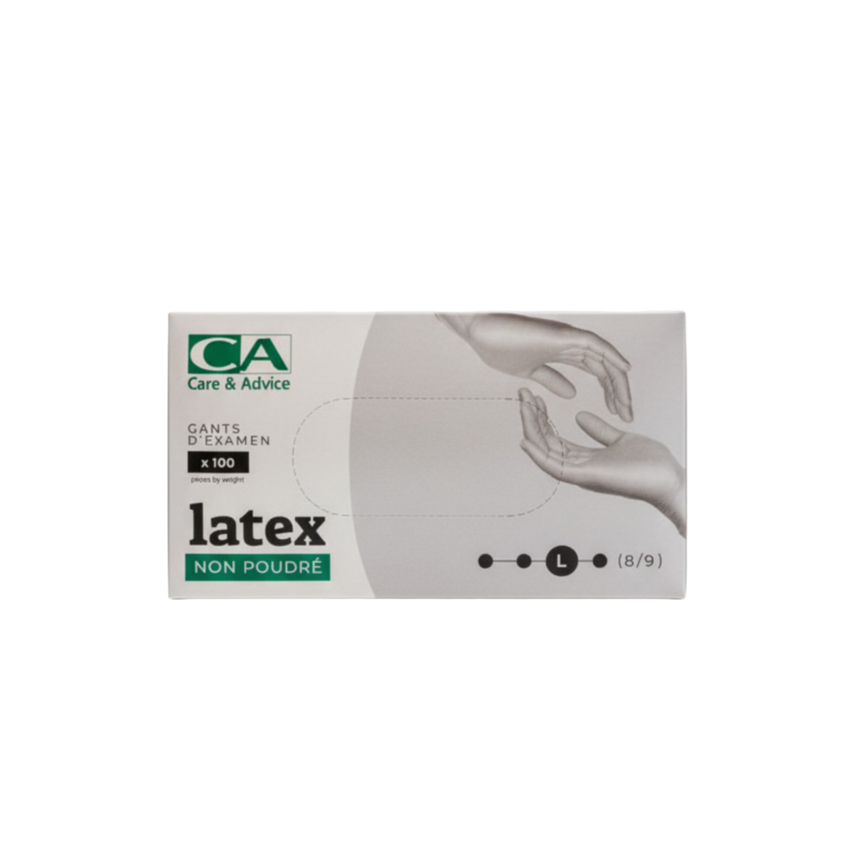 Présentation du produit Gants Latex non poudrés CA Large (taille 8/9) avec le packaging