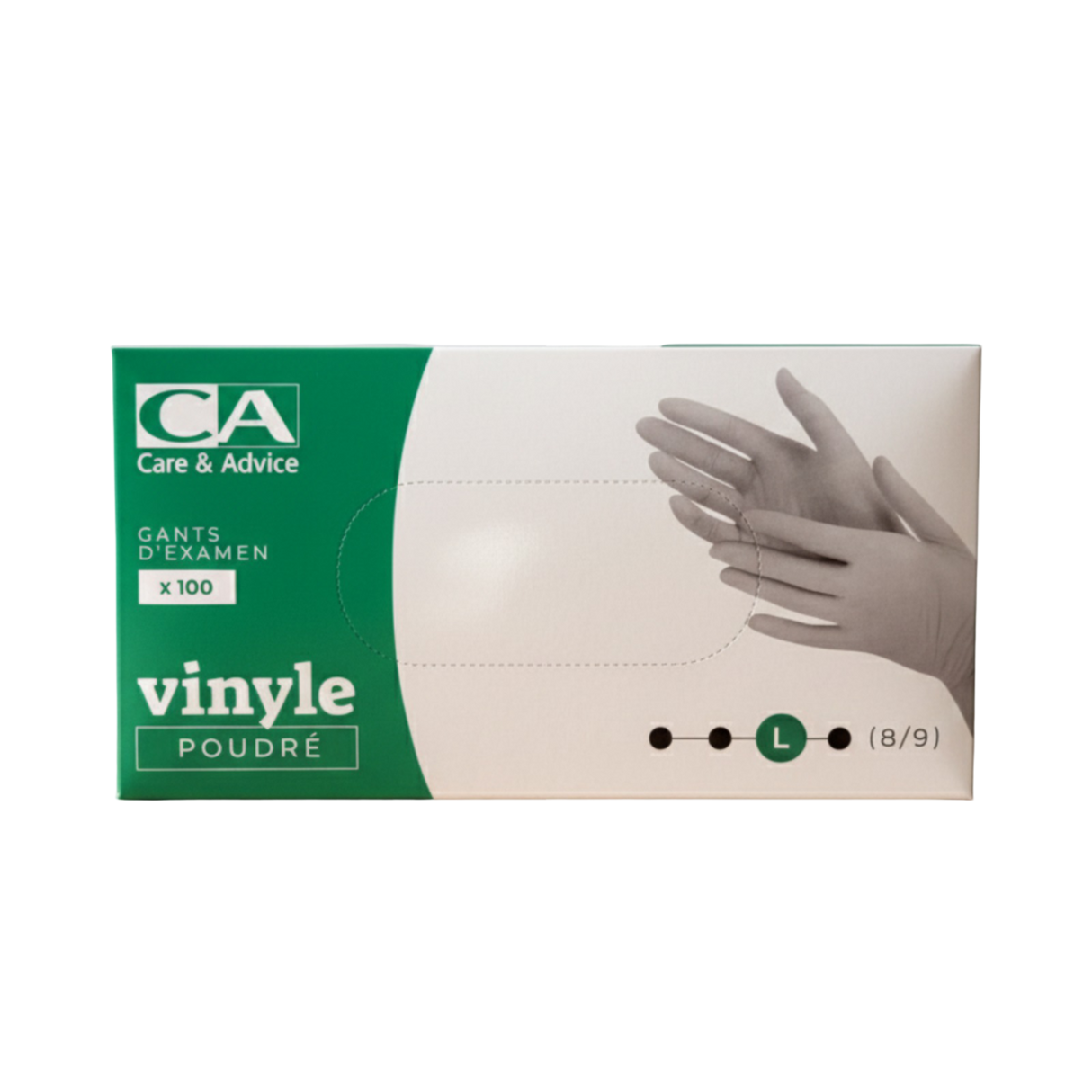 Présentation du produit Gants Vinyle poudrés CA Large (taille 8/9) avec le packaging