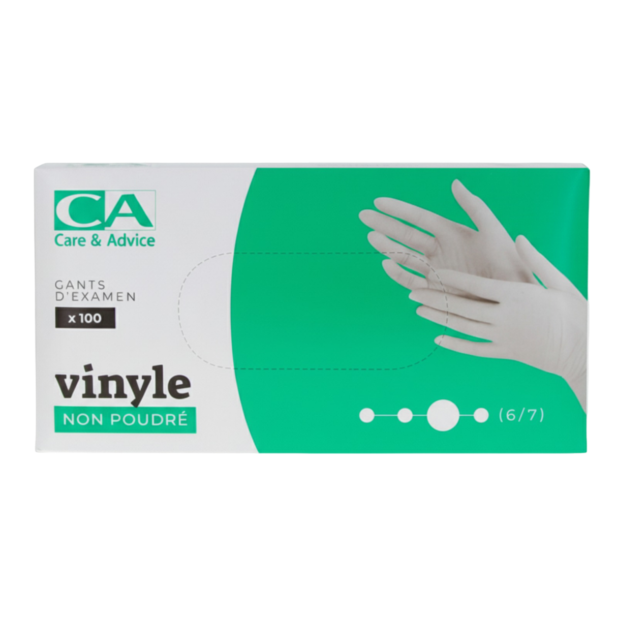 Présentation du produit Gants Vinyle non poudrés CA Médium (taille 7/8) avec le packaging