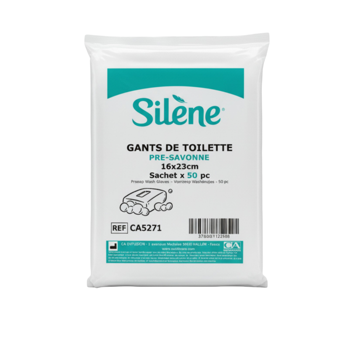 Présentation du produit Gants de toilette Présavonnés, Silène avec le packaging