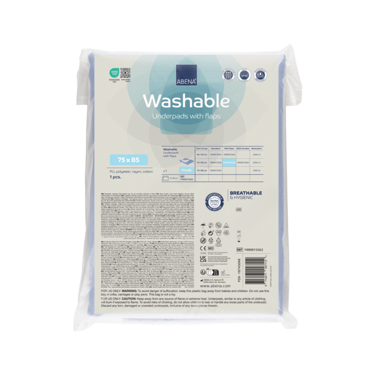 Présentation du produit Alèse Lavable Abena Washable 75 x 85 cm bordable (avec rabat) avec le packaging