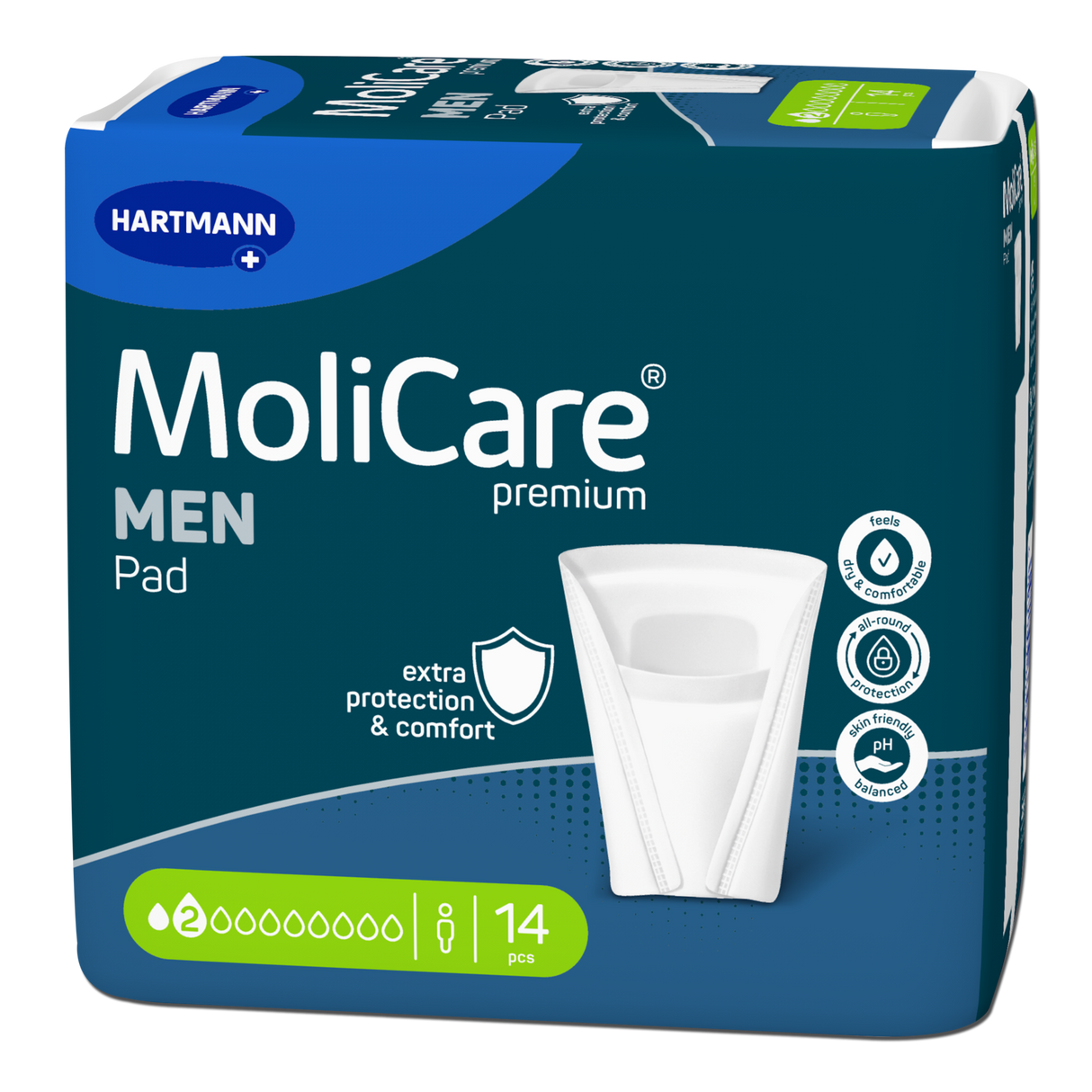 Présentation du produit Molicare Premium Men Pad (2 gouttes) avec le packaging