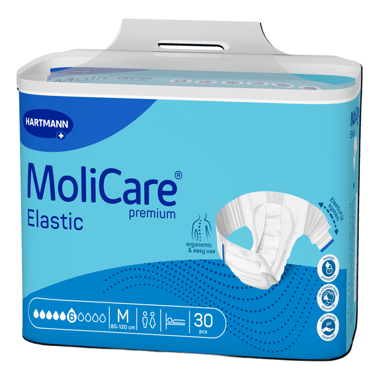 Présentation du produit MoliCare Premium Elastic (6 gouttes) M avec le packaging