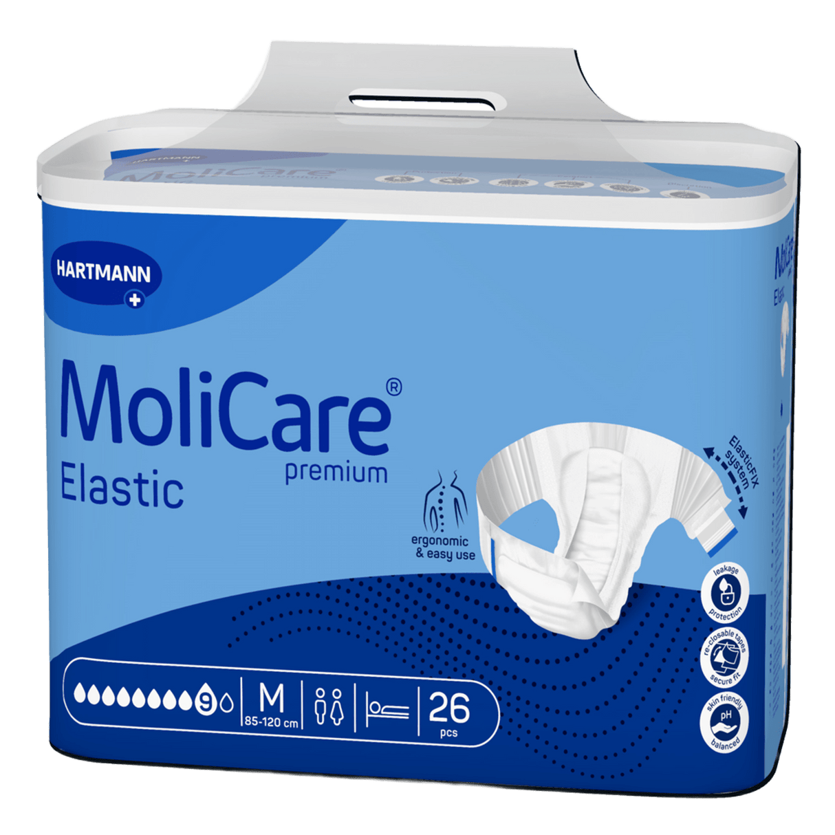 Présentation du produit MoliCare Premium Elastic (9 gouttes) M avec le packaging