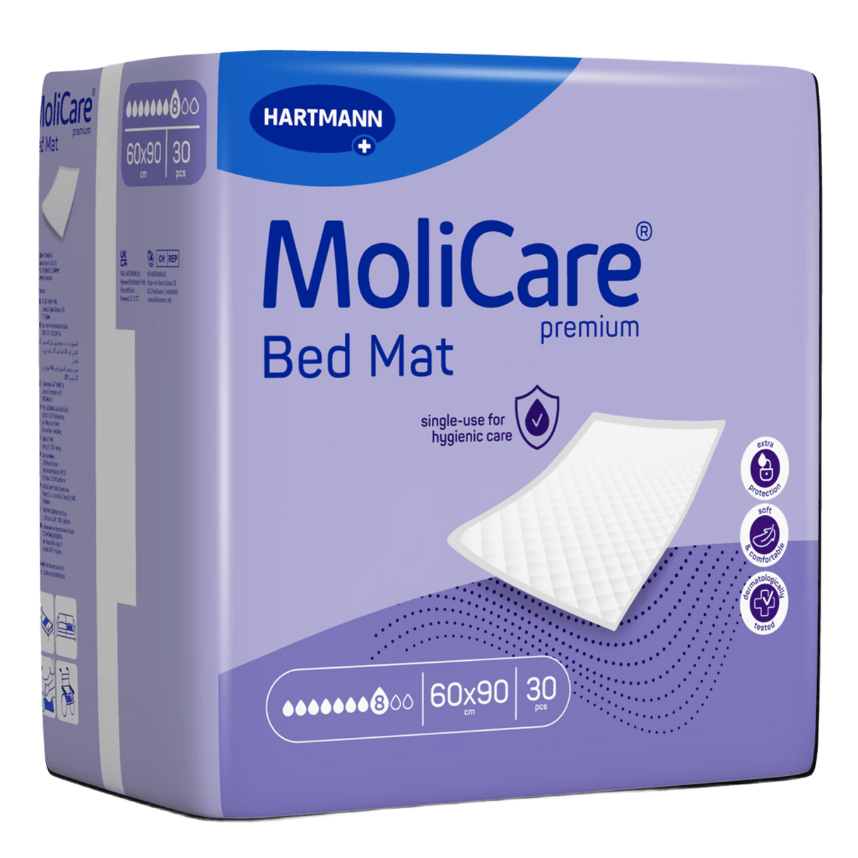 Présentation du produit Molicare Premium Bed Mat (8 gouttes) avec le packaging