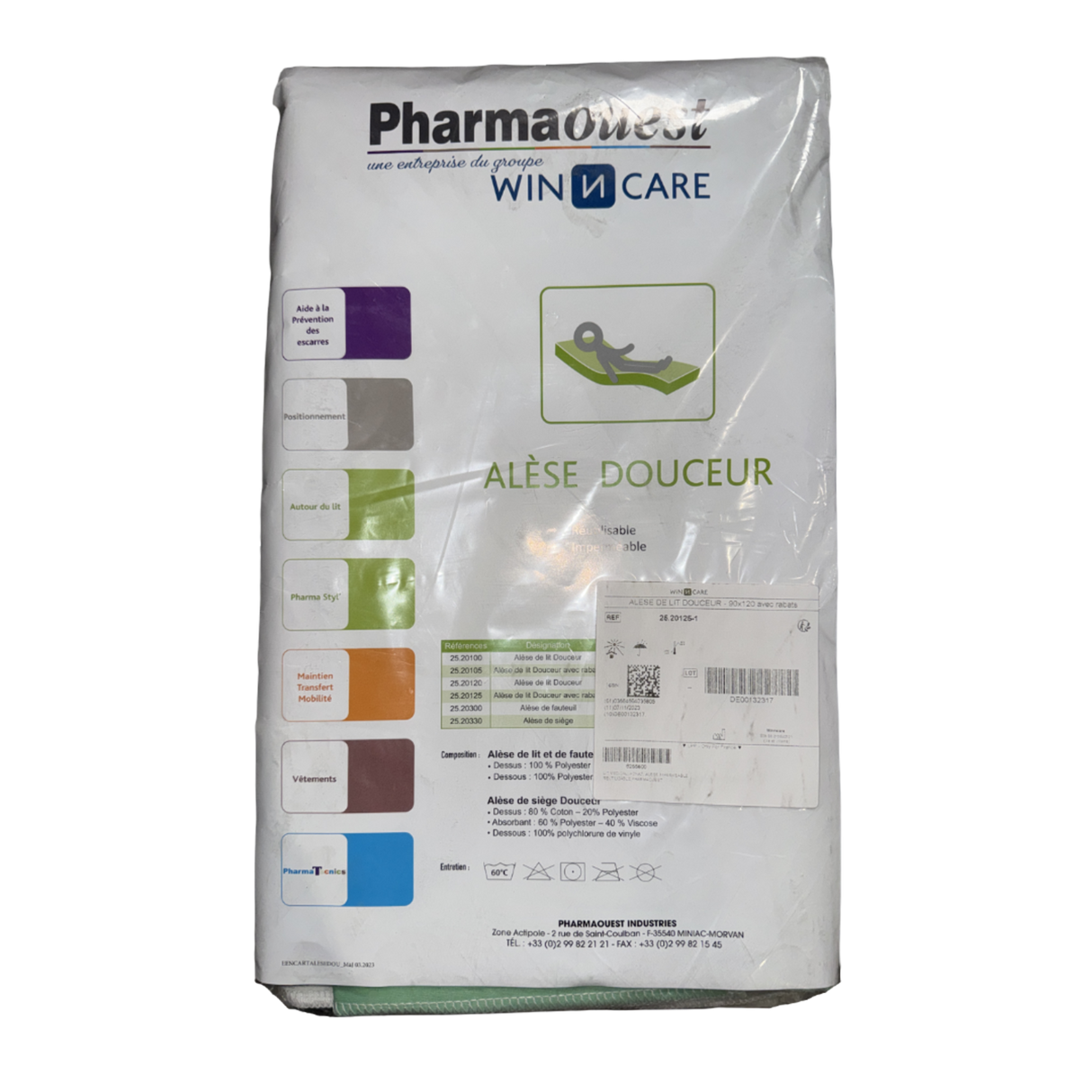 Présentation du produit Alèse Lavable Pharmaouest 90 x 120 cm bordable (avec rabat) avec le packaging