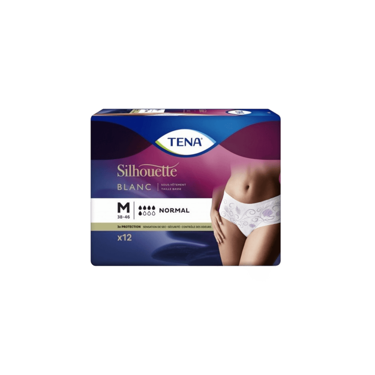Présentation du produit Tena Silhouette Normal Blanc taille basse M avec le packaging