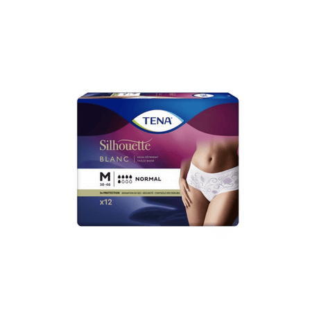 Présentation du produit Tena Silhouette Normal Blanc taille basse M avec le packaging