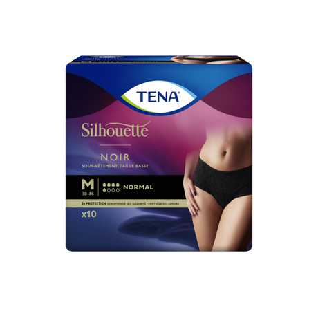 Présentation du produit Tena Silhouette Normal Noir taille basse M avec le packaging
