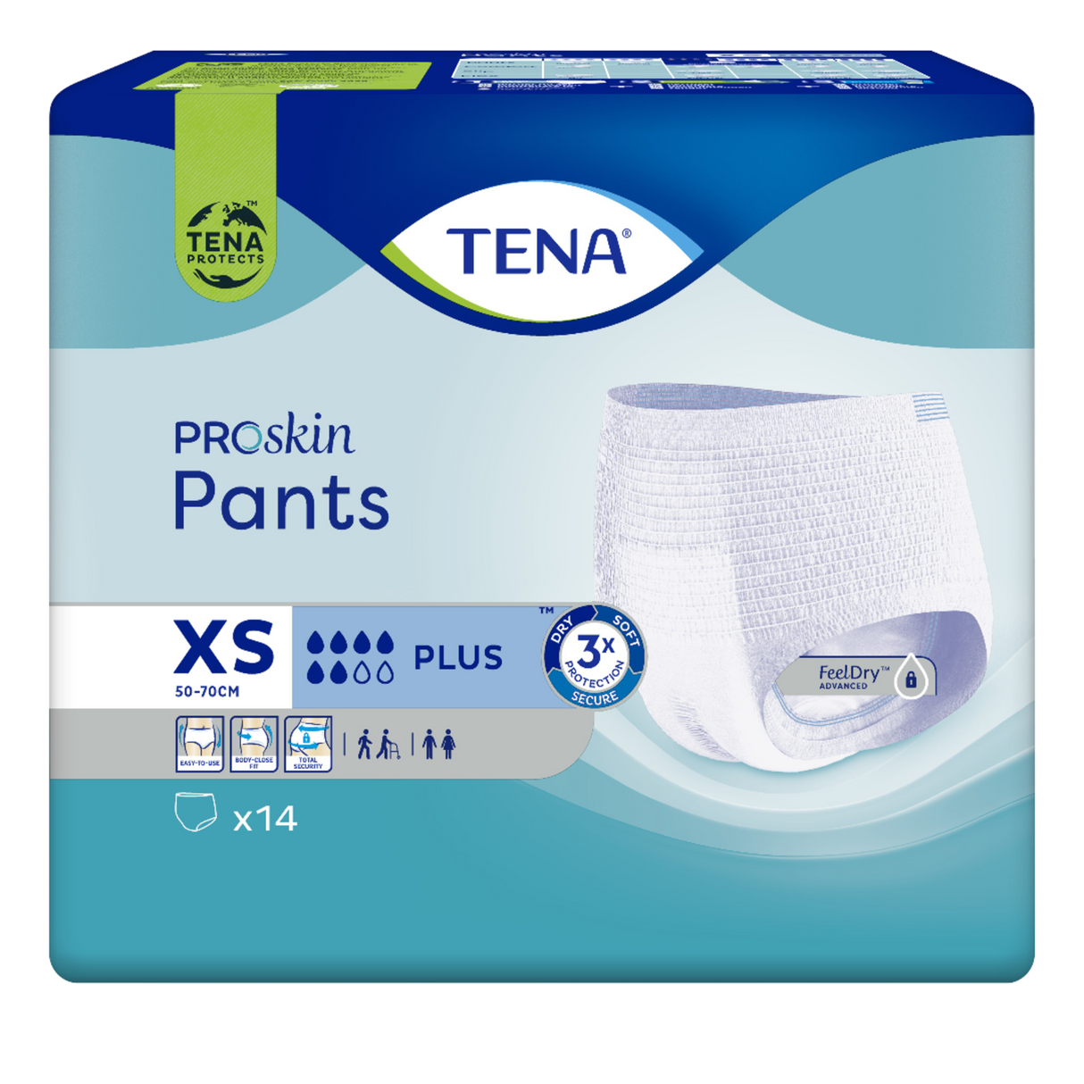 Présentation du produit Tena Pants Plus XS avec le packaging