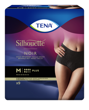 Présentation du produit Tena Silhouette Plus Noir taille haute M avec le packaging