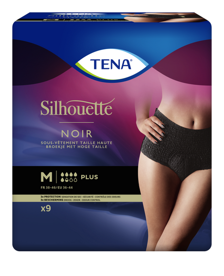Présentation du produit Tena Silhouette Plus Noir taille haute M avec le packaging
