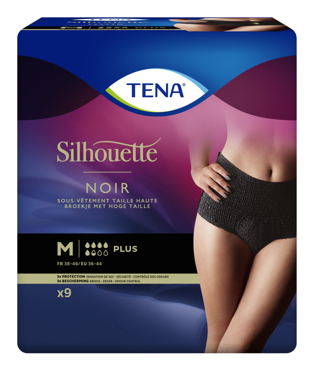 Présentation du produit Tena Silhouette Plus Noir taille haute M avec le packaging