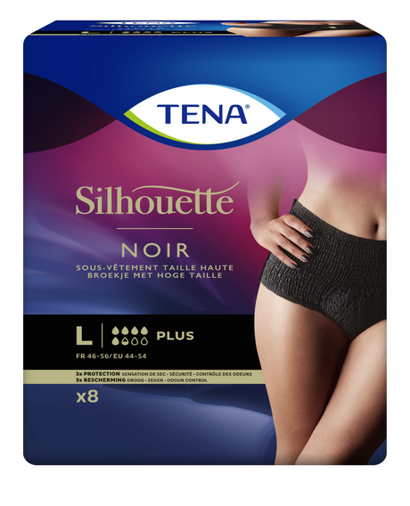 Présentation du produit Tena Silhouette Plus Noir taille haute L avec le packaging
