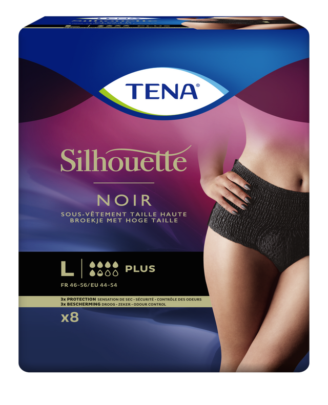 Présentation du produit Tena Silhouette Plus Noir taille haute L avec le packaging