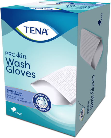 Présentation du produit Gants de toilette Tena Wash Gloves avec le packaging