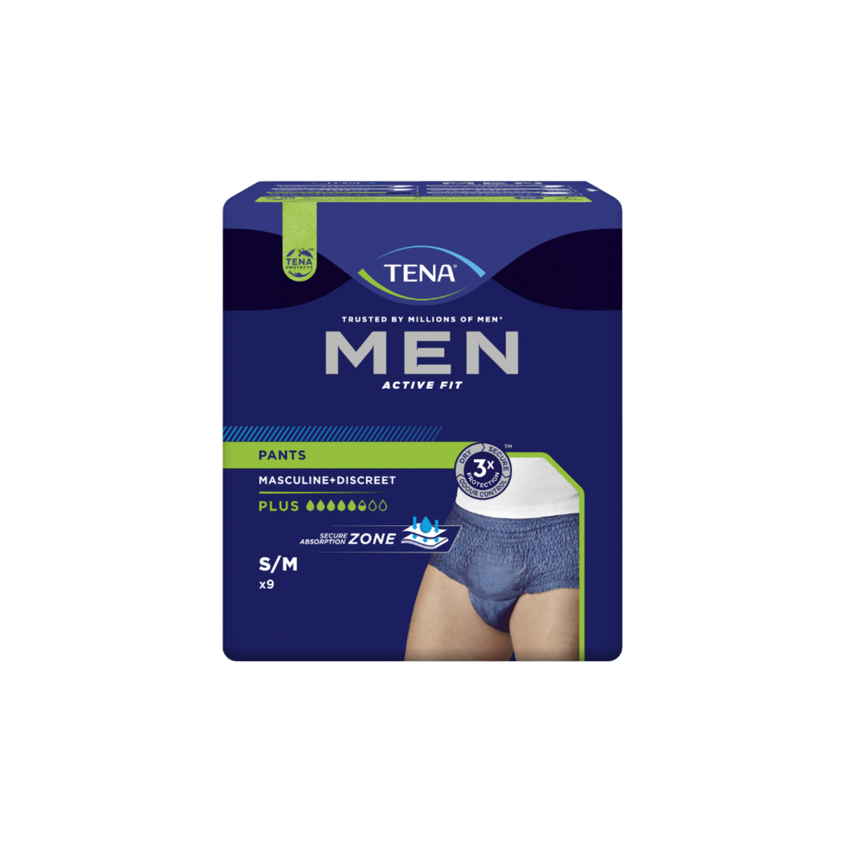 Présentation du produit Tena Men Active Fit bleu M avec le packaging