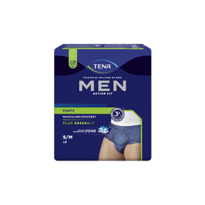 Présentation du produit Tena Men Active Fit bleu M avec le packaging