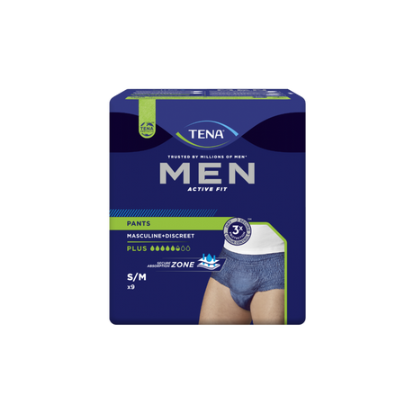 Présentation du produit Tena Men Active Fit bleu M avec le packaging