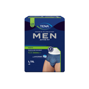 Présentation du produit Tena Men Active Fit bleu L avec le packaging
