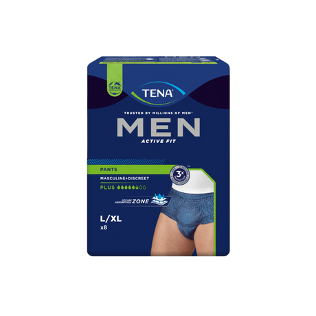 Présentation du produit Tena Men Active Fit bleu L avec le packaging