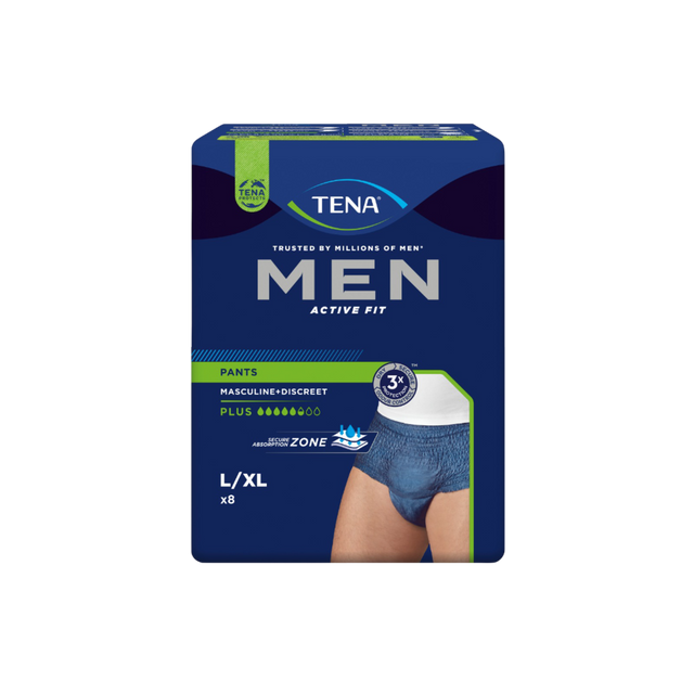 Présentation du produit Tena Men Active Fit bleu L avec le packaging