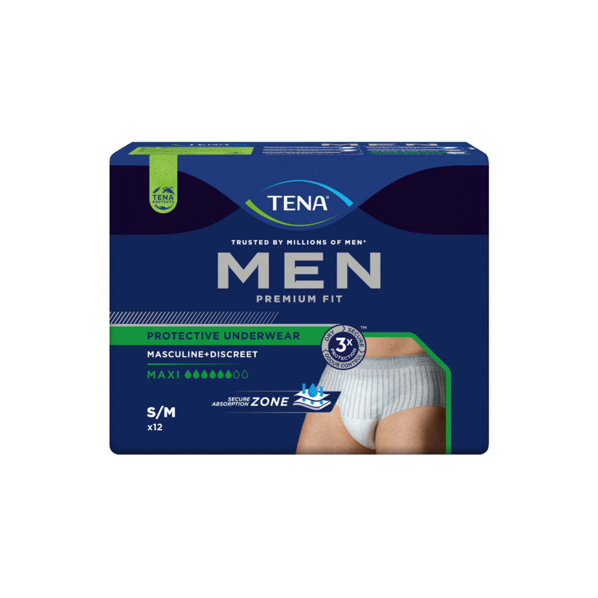 Présentation du produit Tena Men Premium Fit Rayé blanc gris M avec le packaging