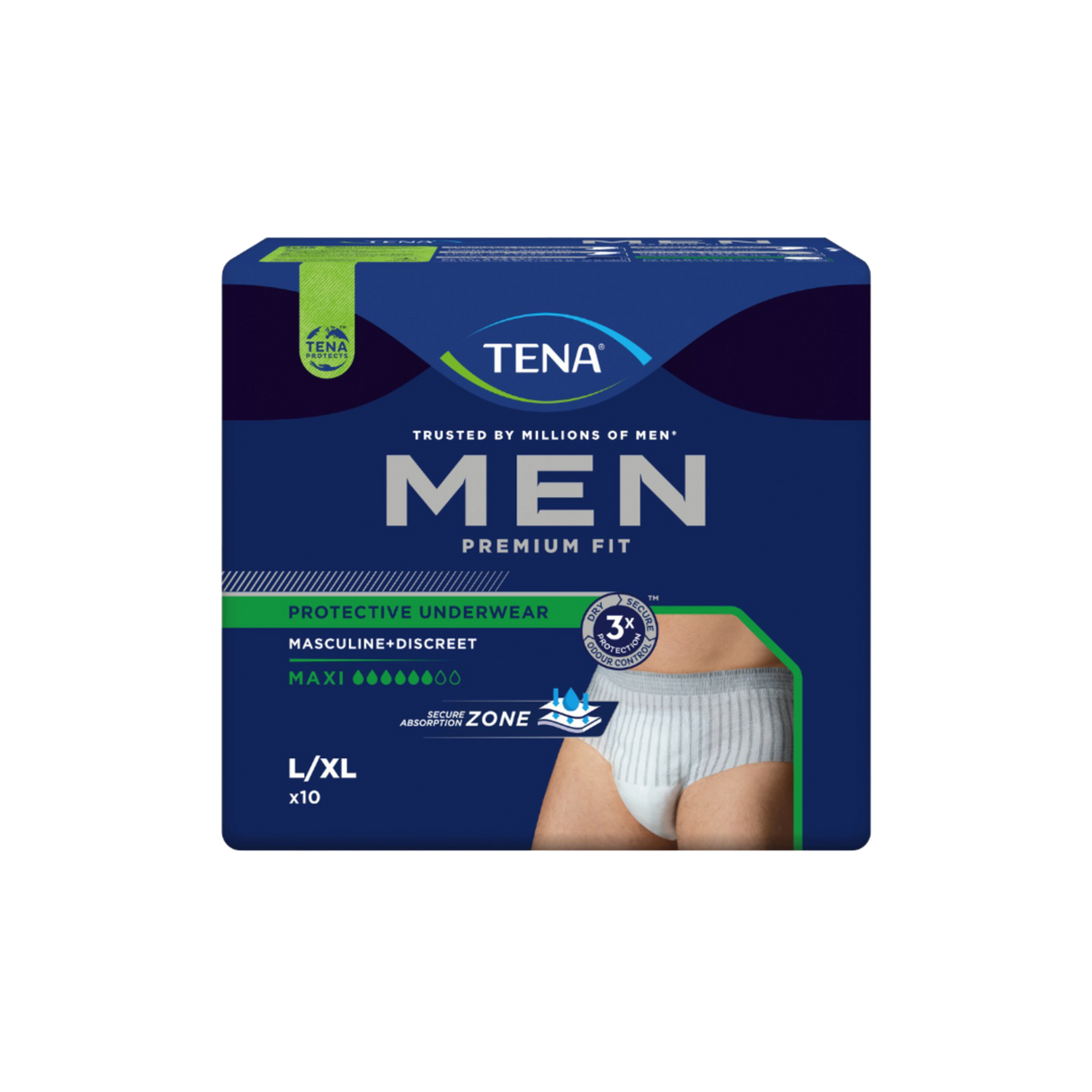 Présentation du produit Tena Men Premium Fit Rayé blanc gris L avec le packaging