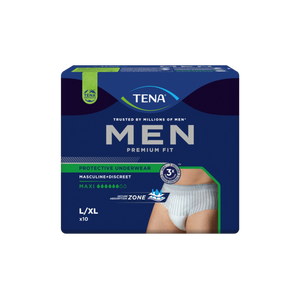 Présentation du produit Tena Men Premium Fit Rayé blanc gris L avec le packaging