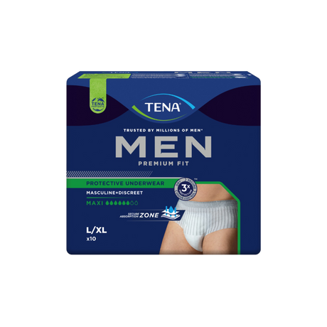 Présentation du produit Tena Men Premium Fit Rayé blanc gris L avec le packaging