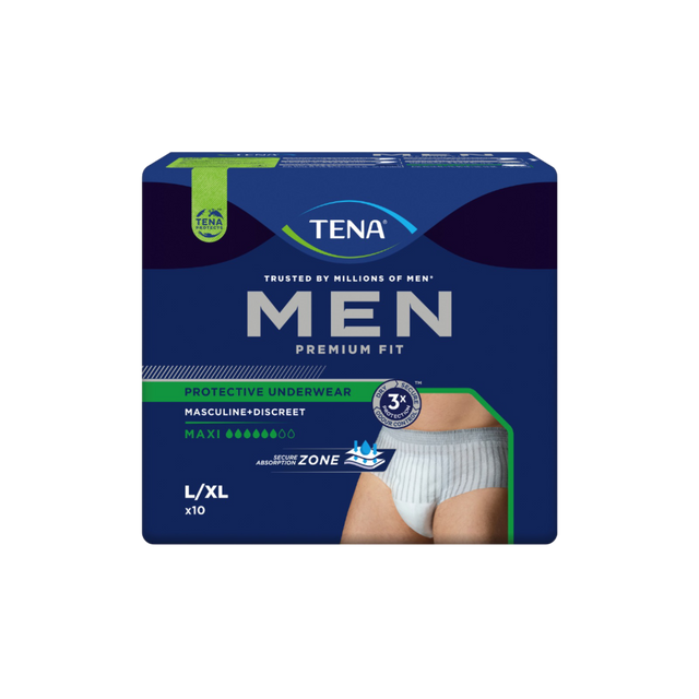 Présentation du produit Tena Men Premium Fit Rayé blanc gris L avec le packaging