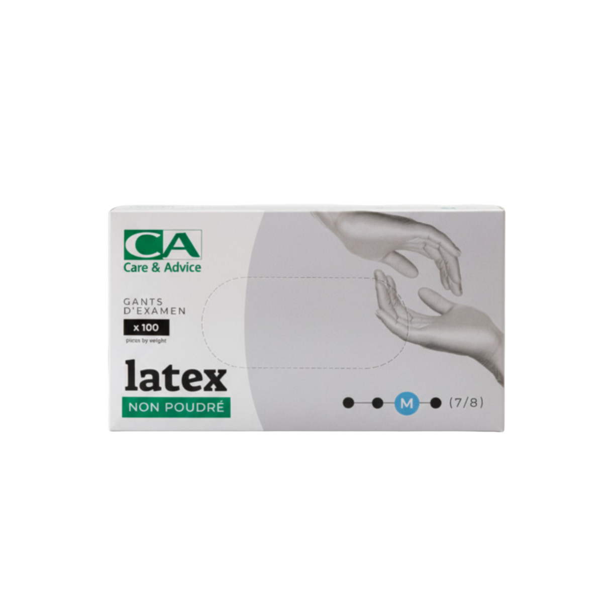 Présentation du produit Gants Latex non poudrés CA Médium (taille 7/8) avec le packaging