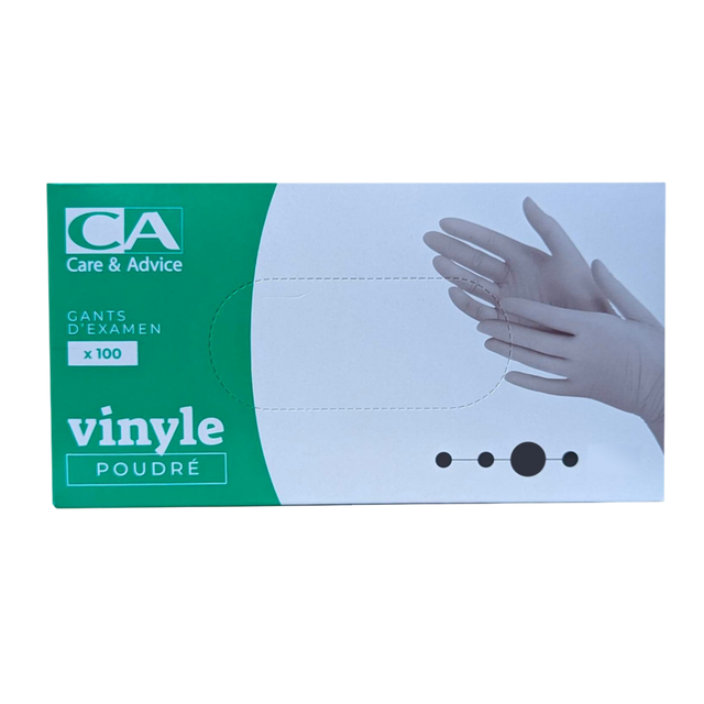 Présentation du produit Gants Vinyle poudrés CA Small (taille 6/7) avec le packaging