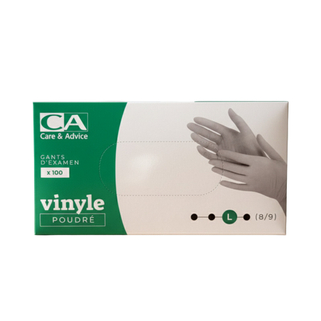 Présentation du produit Gants Vinyle poudrés CA Large (taille 8/9) avec le packaging