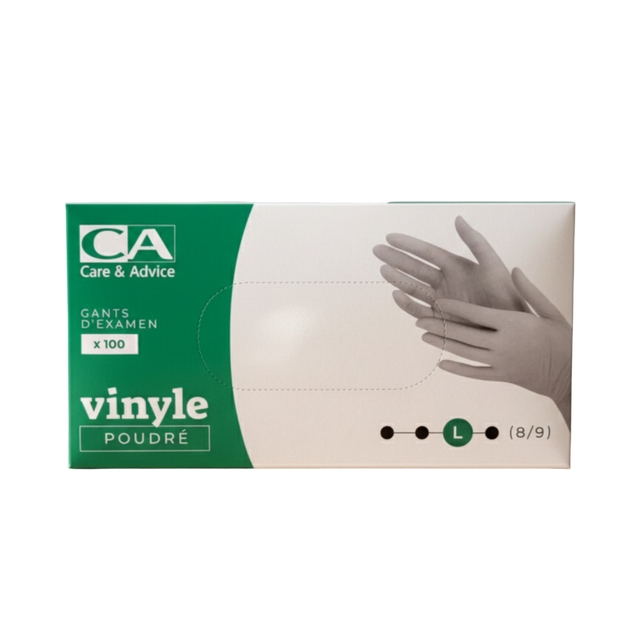 Présentation du produit Gants Vinyle poudrés CA Large (taille 8/9) avec le packaging