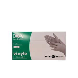 Présentation du produit Gants Vinyle poudrés CA Extra-Large (taille 9/10) avec le packaging