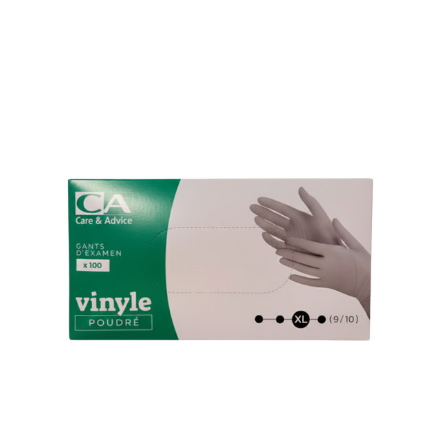 Présentation du produit Gants Vinyle poudrés CA Extra-Large (taille 9/10) avec le packaging