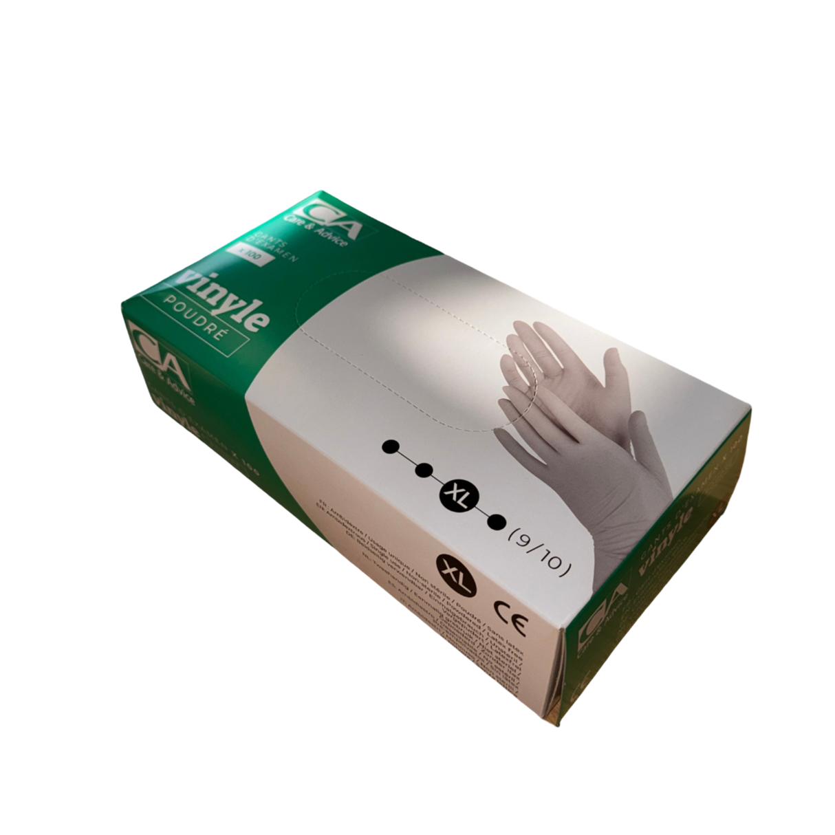 Présentation du produit Gants Vinyle poudrés CA Extra-Large (taille 9/10) sans le packaging N°1