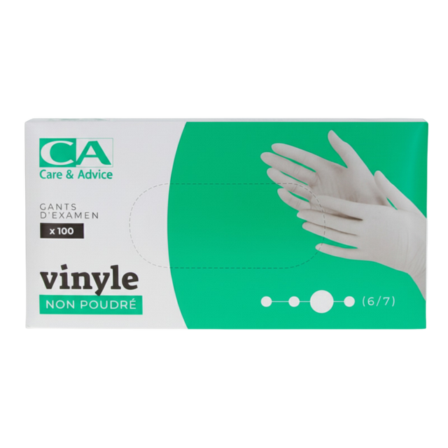 Présentation du produit Gants Vinyle non poudrés CA Small (taille 6/7) avec le packaging