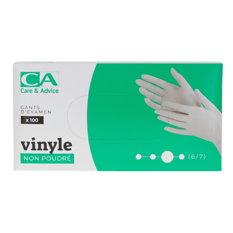 Présentation du produit Gants Vinyle non poudrés CA Extra-Large (taille 9/10) avec le packaging