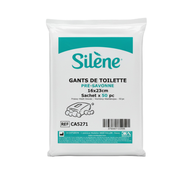 Présentation du produit Gants de toilette Présavonnés, Silène avec le packaging