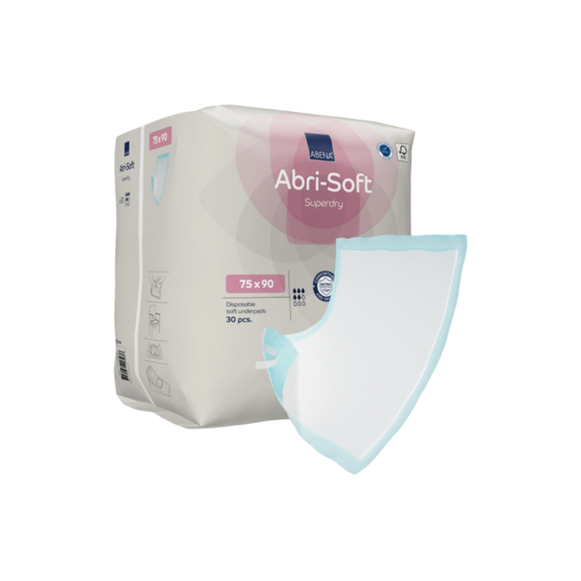 Présentation du produit Alèse jetable Abena Abri-Soft Superdry 75 x 90 cm avec adhésif avec le packaging
