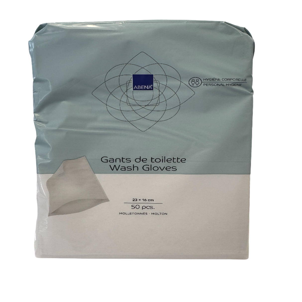 Présentation du produit Gants de toilette molletonnés Abena avec le packaging