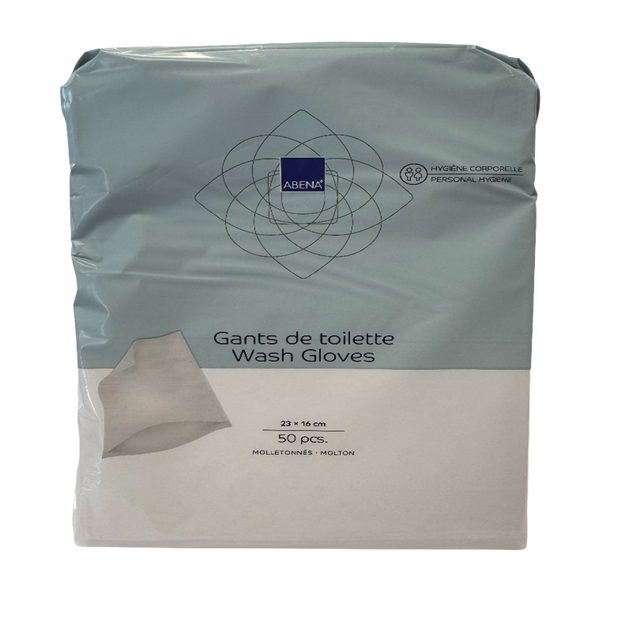 Présentation du produit Gants de toilette molletonnés Abena avec le packaging