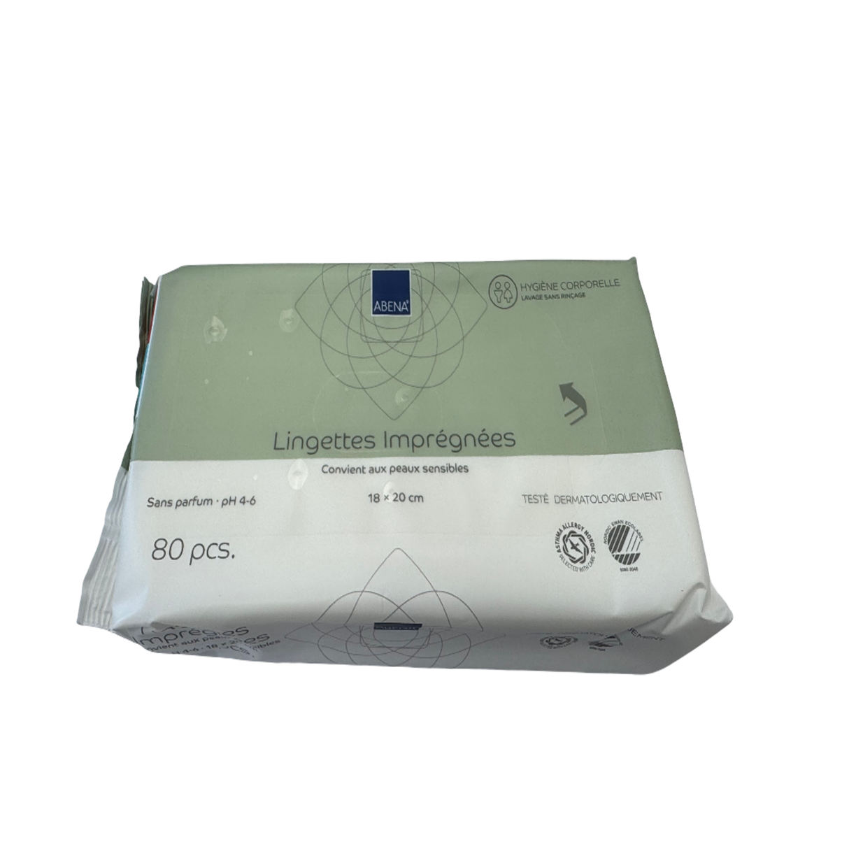 Présentation du produit Lingettes imprégnées non parfumées Abena avec le packaging