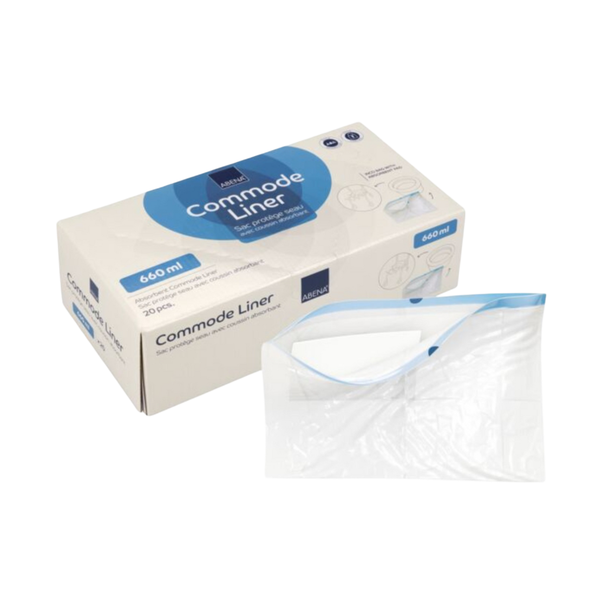 Présentation du produit Sac de recueil Protège-seau de chaise percée Abena avec le packaging
